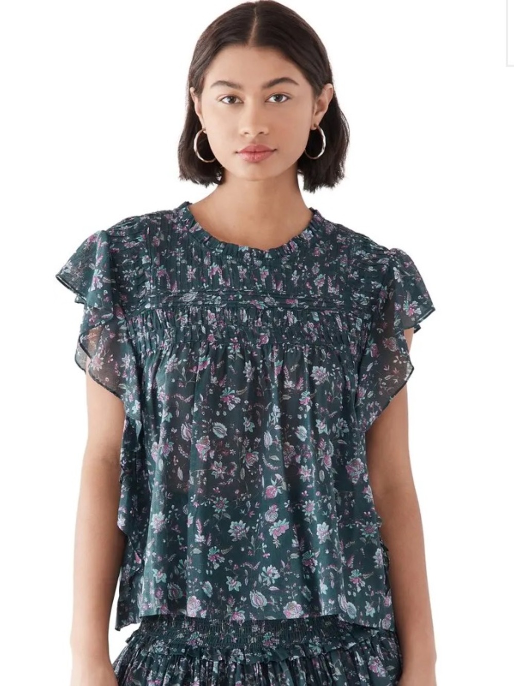 Isabel Marant Layona Green Floral Smocked Ruffle Sleeve Blouse